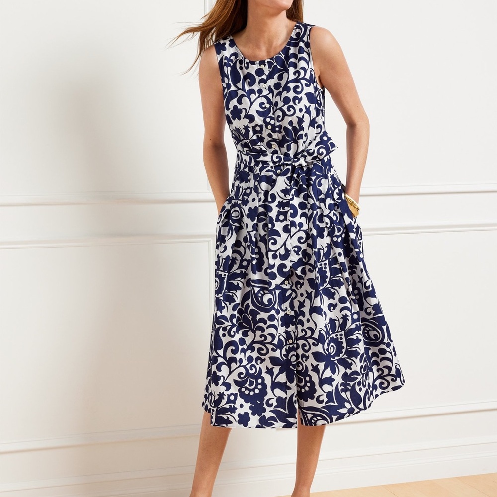 Talbots Petite Poplin Fit & Flare Jacobean Print Midi Dress